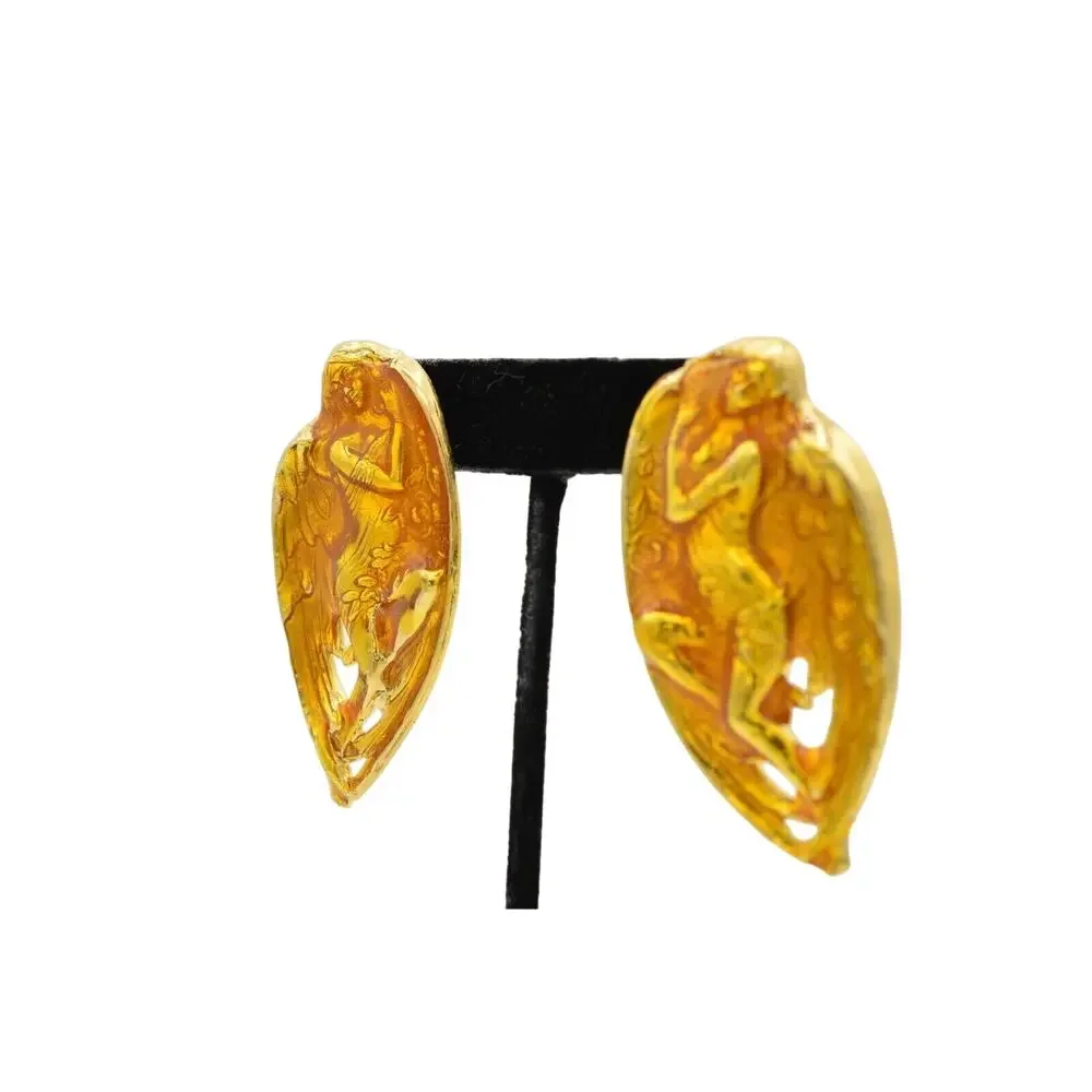 Vintage Statement Woman Abstract Enamel Earrings Angel Chunky NOS 80s 1980s 9L